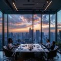 男人团事业顾问王总在现代化商务会议室分享创业经验，背景为城市全景落地窗