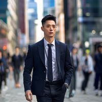 男人团成员阿峰在北京街头自信行走，穿着整洁商务休闲装，眼神坚定，背景为现代都市建筑